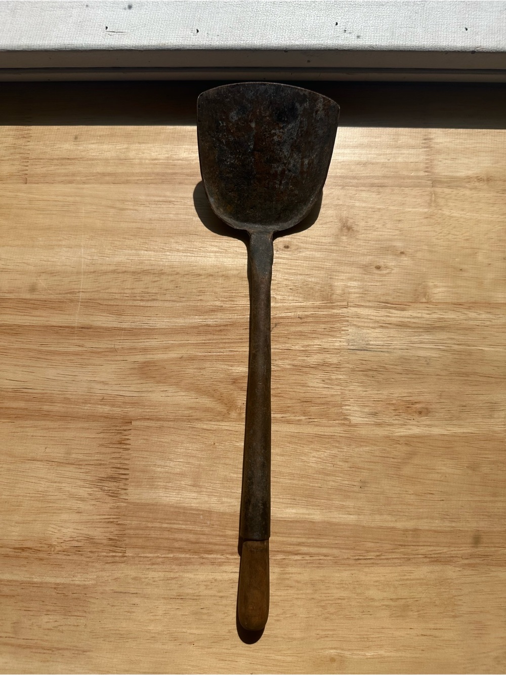 Antique hand forged Blackened Metal Wok Spatula with Brown wooden Handle